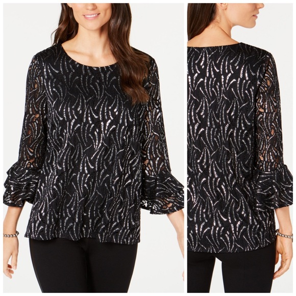 Alfani Tops - Alfani Black & Silver Foil Ruffle Sleeve Top Petite Size XS and Small